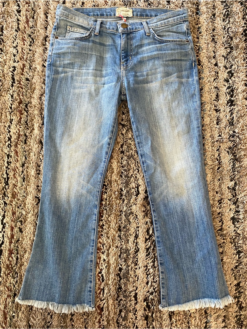 Current/Elliott Light Blue Frayed Hem Flare Jeans. Style: The Cropped Flip Flop